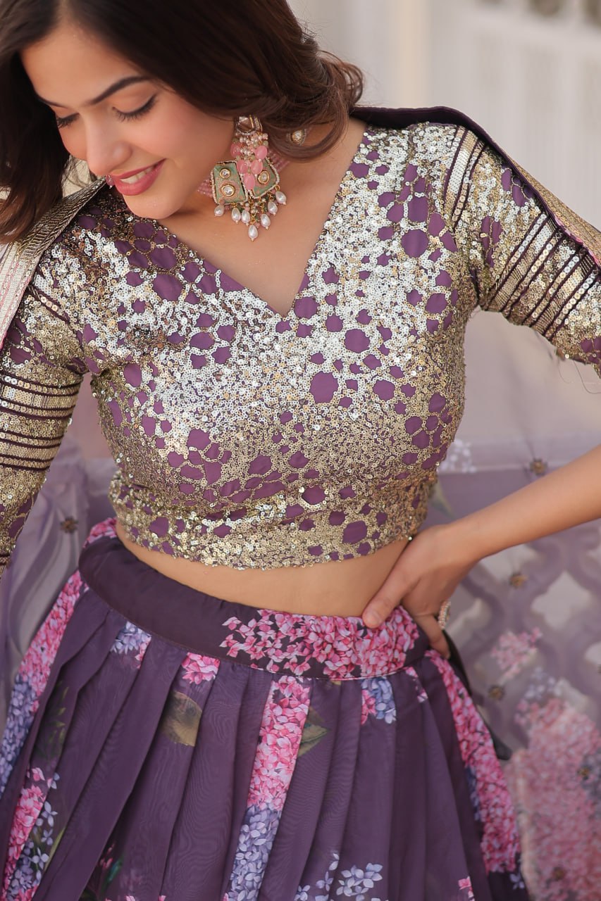 Lorenvalley Purple Russian Silk Digital Printed with Embroidered Sequins work Lehenga Choli