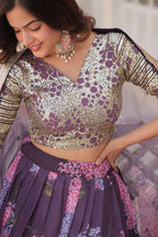 Lorenvalley Purple Russian Silk Digital Printed with Embroidered Sequins work Lehenga Choli