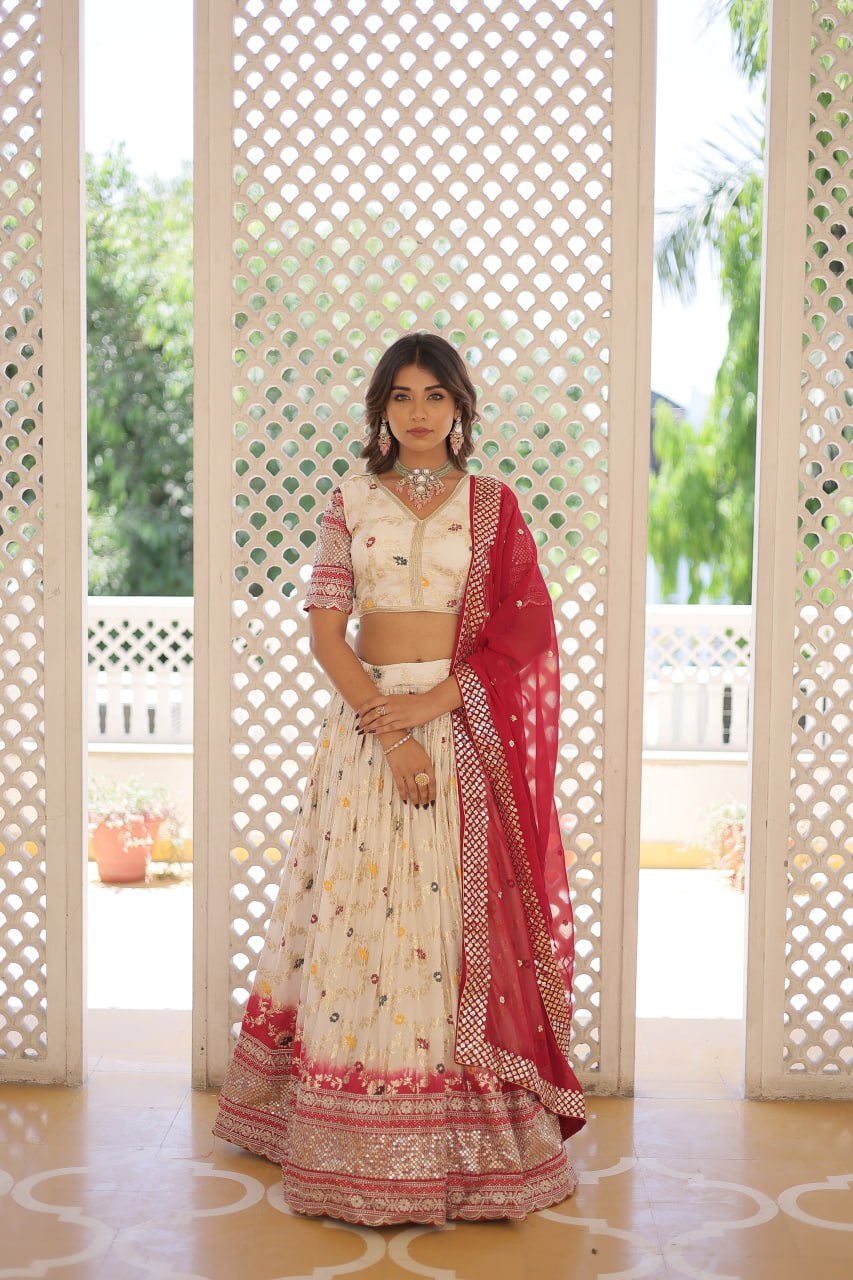 Lorenvalley Cream Pure Viscose Jacquard with 2D Dyeing and Embroidered Sequins work Lehenga Choli