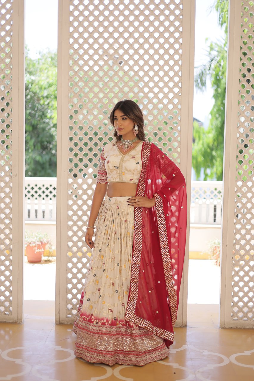 Lorenvalley Cream Pure Viscose Jacquard with 2D Dyeing and Embroidered Sequins work Lehenga Choli