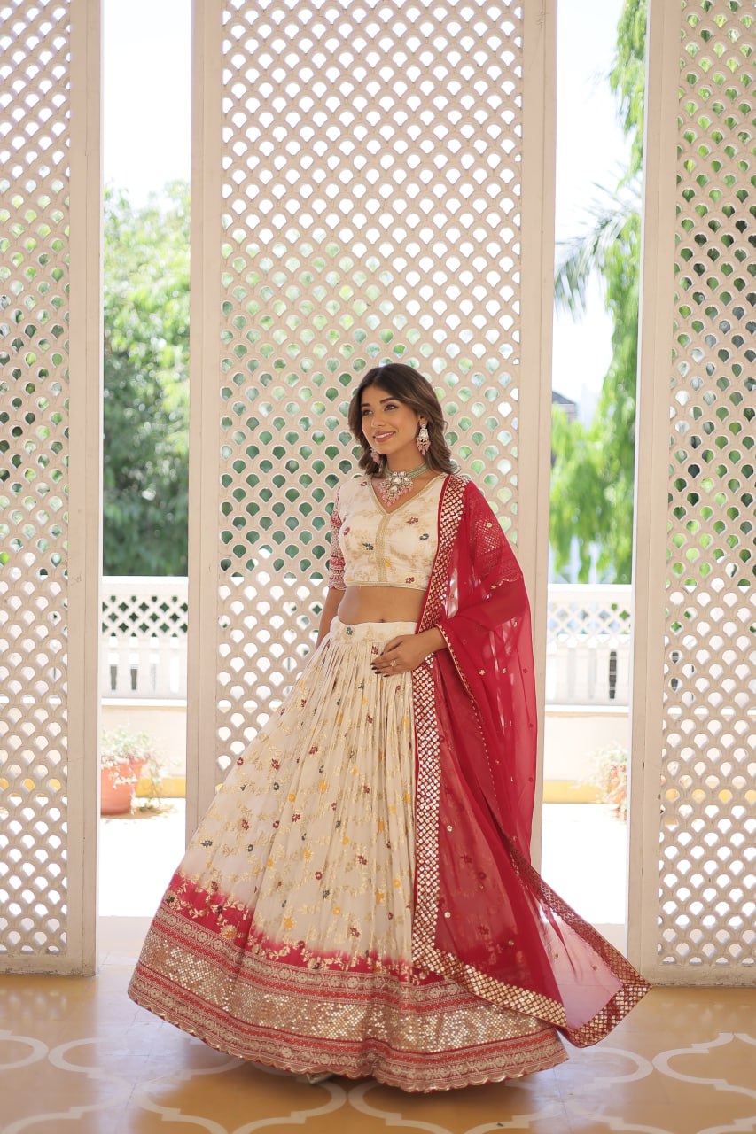 Lorenvalley Cream Pure Viscose Jacquard with 2D Dyeing and Embroidered Sequins work Lehenga Choli