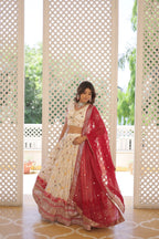 Lorenvalley Cream Pure Viscose Jacquard with 2D Dyeing and Embroidered Sequins work Lehenga Choli
