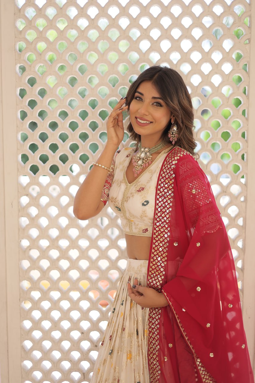 Lorenvalley Cream Pure Viscose Jacquard with 2D Dyeing and Embroidered Sequins work Lehenga Choli