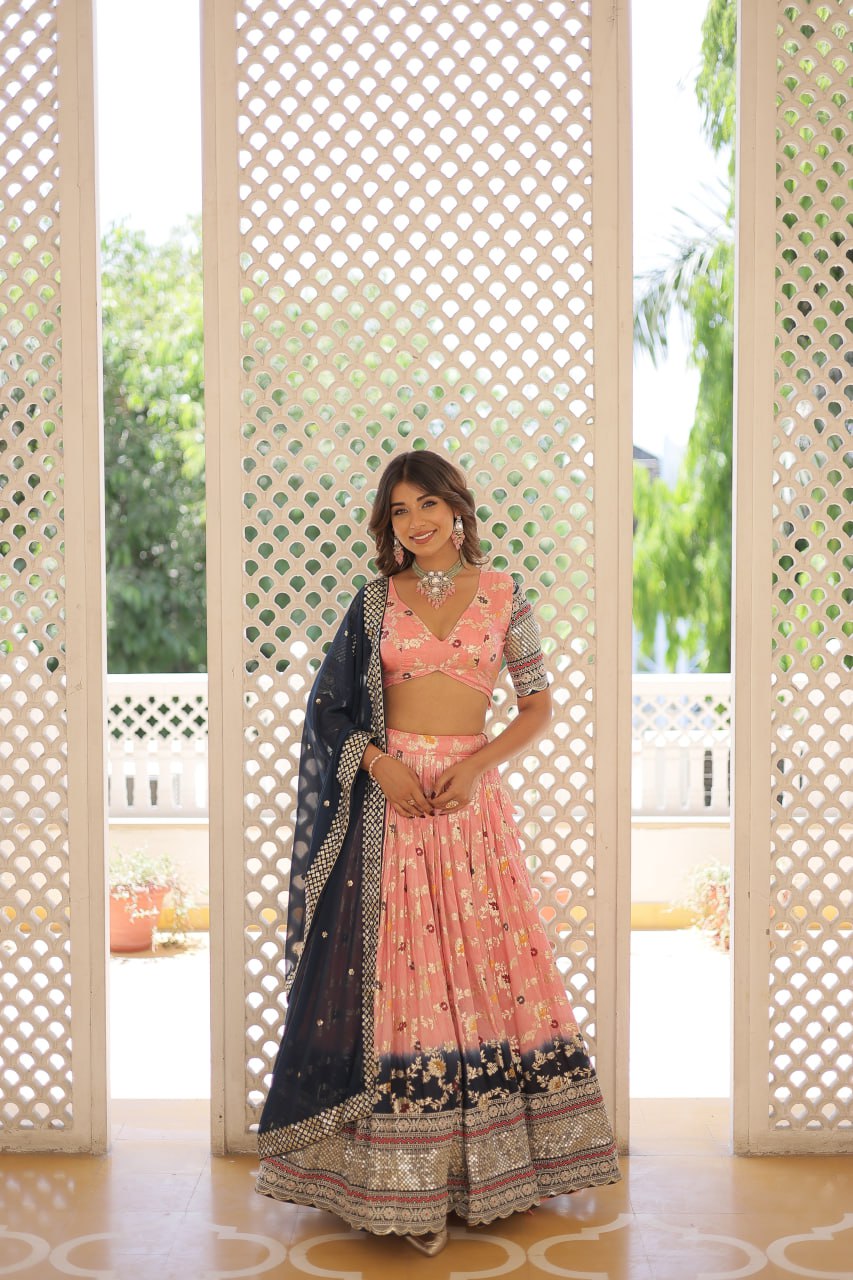 Lorenvalley Peach Pure Viscose Jacquard with 2D Dyeing and Embroidered Sequins work Lehenga Choli