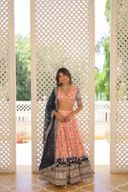 Lorenvalley Peach Pure Viscose Jacquard with 2D Dyeing and Embroidered Sequins work Lehenga Choli