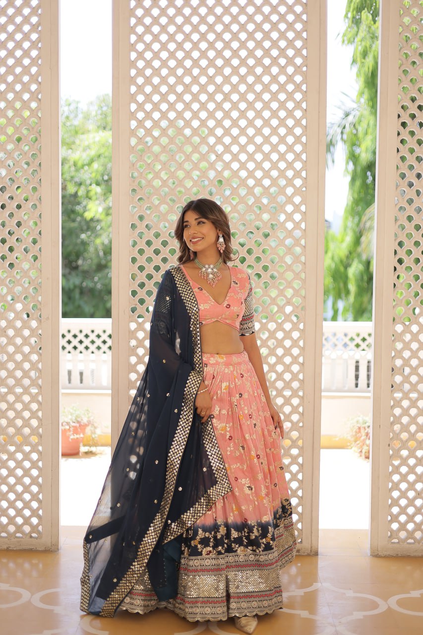 Lorenvalley Peach Pure Viscose Jacquard with 2D Dyeing and Embroidered Sequins work Lehenga Choli