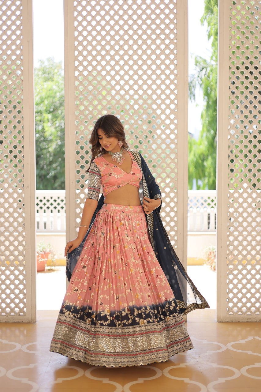 Lorenvalley Peach Pure Viscose Jacquard with 2D Dyeing and Embroidered Sequins work Lehenga Choli