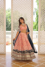 Lorenvalley Peach Pure Viscose Jacquard with 2D Dyeing and Embroidered Sequins work Lehenga Choli