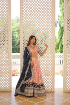 Lorenvalley Peach Pure Viscose Jacquard with 2D Dyeing and Embroidered Sequins work Lehenga Choli