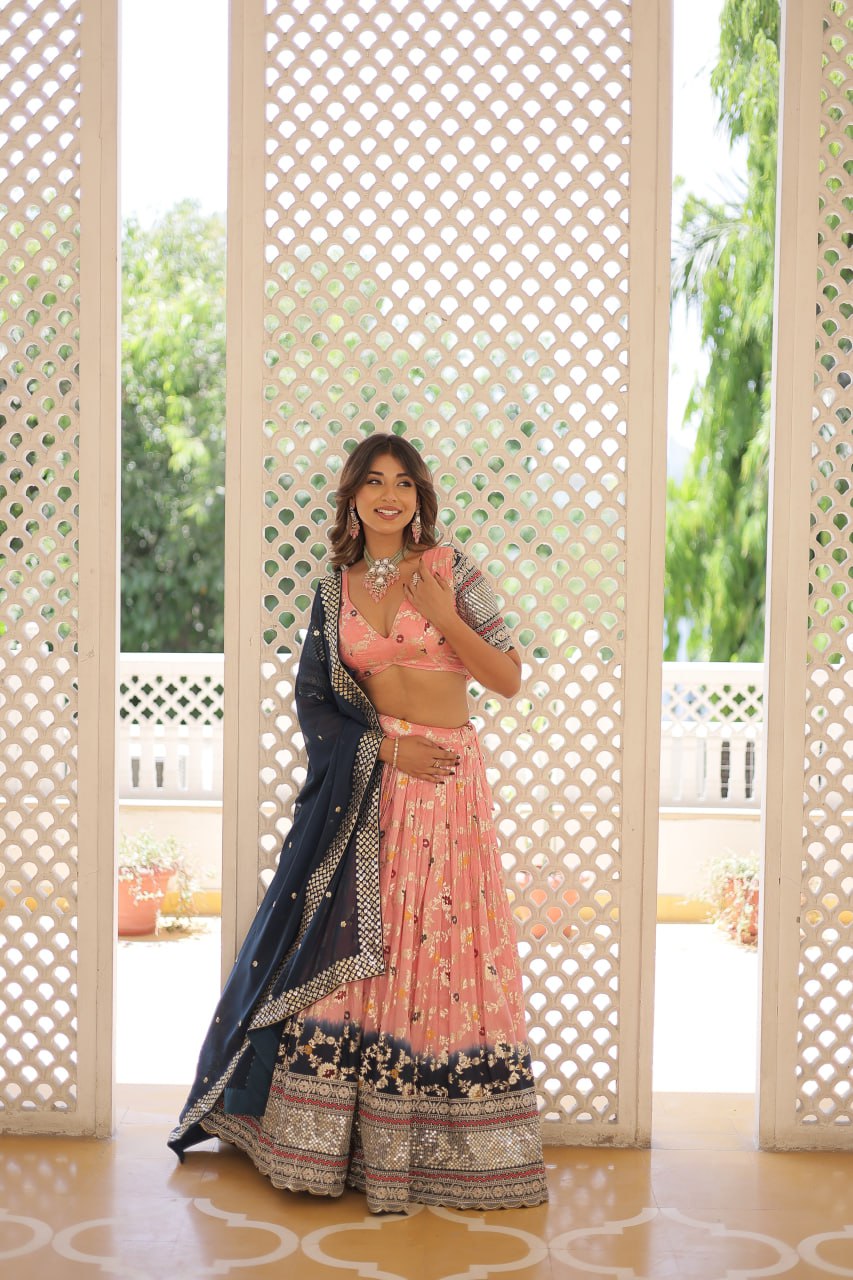 Lorenvalley Peach Pure Viscose Jacquard with 2D Dyeing and Embroidered Sequins work Lehenga Choli