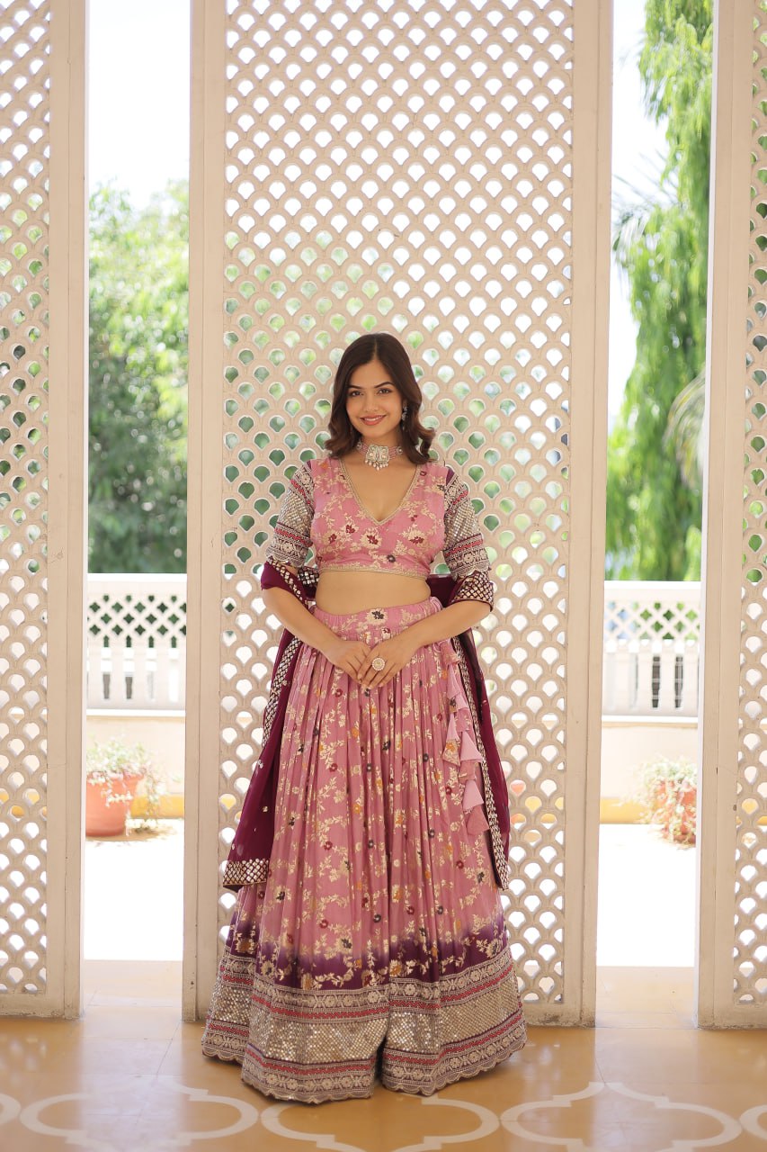 Lorenvalley Pink Pure Viscose Jacquard with 2D Dyeing and Embroidered Sequins work Lehenga Choli