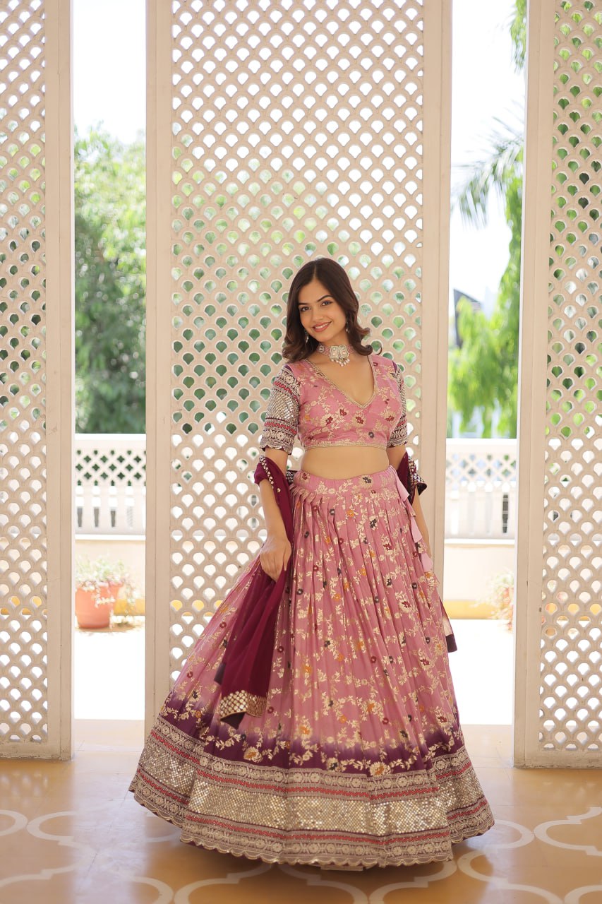 Lorenvalley Pink Pure Viscose Jacquard with 2D Dyeing and Embroidered Sequins work Lehenga Choli