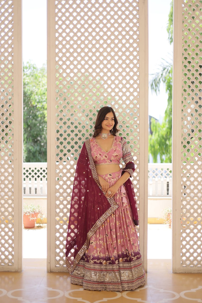 Lorenvalley Pink Pure Viscose Jacquard with 2D Dyeing and Embroidered Sequins work Lehenga Choli