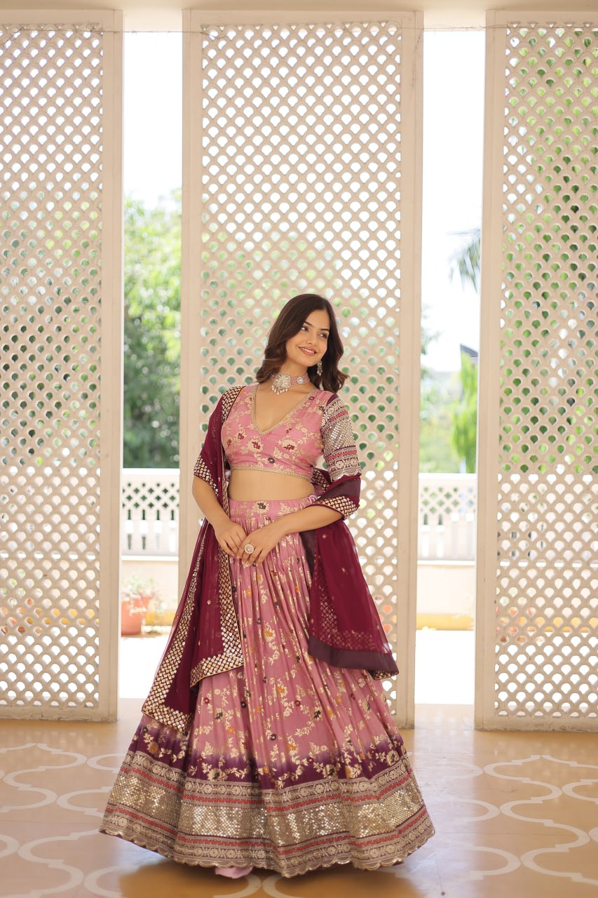 Lorenvalley Pink Pure Viscose Jacquard with 2D Dyeing and Embroidered Sequins work Lehenga Choli
