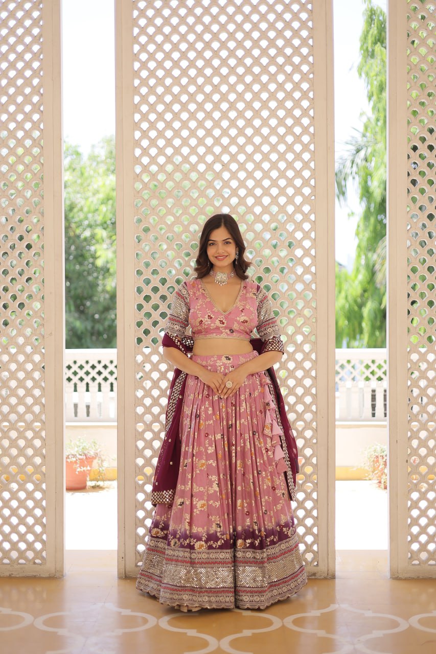 Lorenvalley Pink Pure Viscose Jacquard with 2D Dyeing and Embroidered Sequins work Lehenga Choli