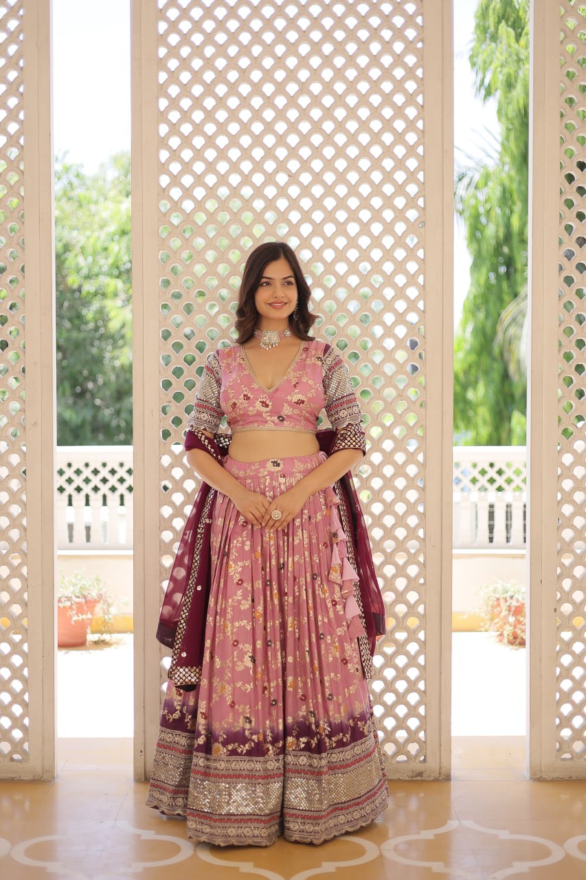Lorenvalley Pink Pure Viscose Jacquard with 2D Dyeing and Embroidered Sequins work Lehenga Choli