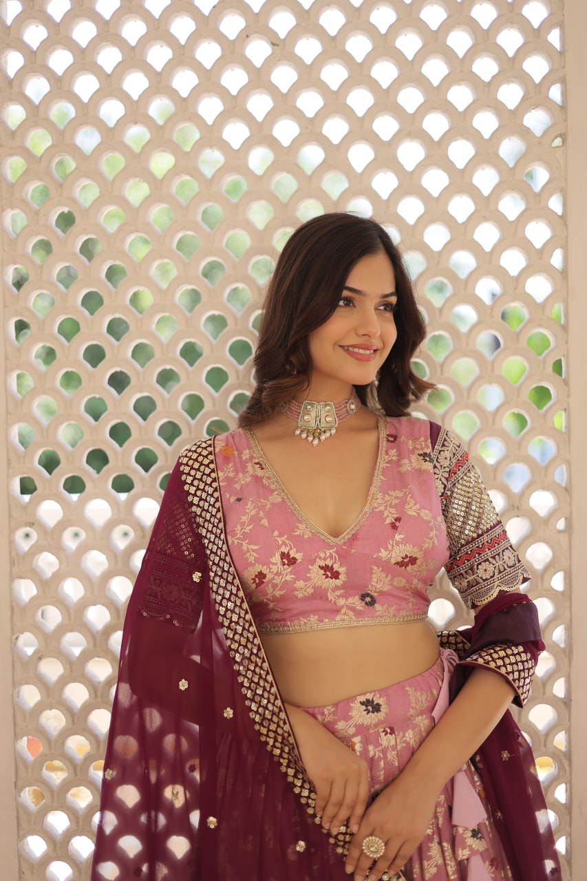 Lorenvalley Pink Pure Viscose Jacquard with 2D Dyeing and Embroidered Sequins work Lehenga Choli