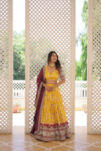 Lorenvalley Yellow Pure Viscose Jacquard with 2D Dyeing and Embroidered Sequins work Lehenga Choli