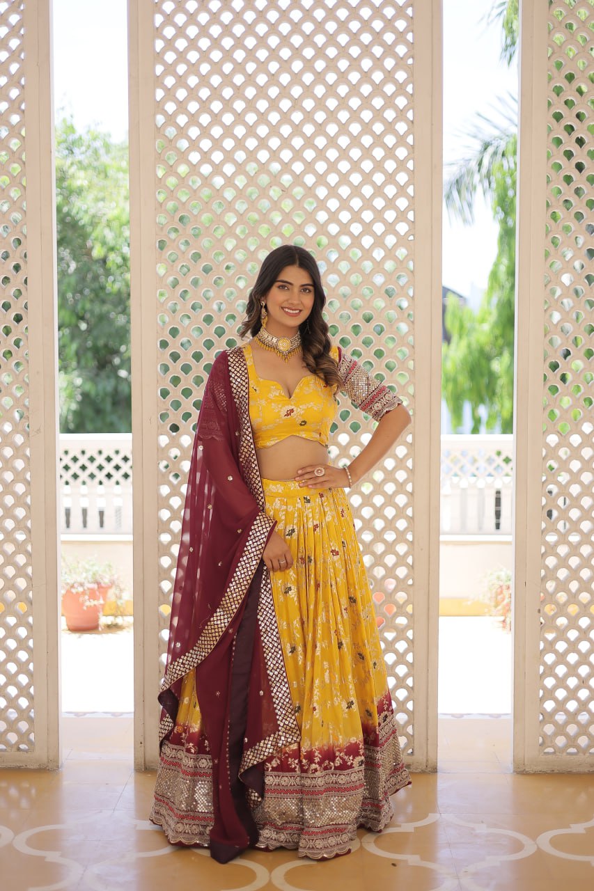 Lorenvalley Yellow Pure Viscose Jacquard with 2D Dyeing and Embroidered Sequins work Lehenga Choli