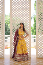 Lorenvalley Yellow Pure Viscose Jacquard with 2D Dyeing and Embroidered Sequins work Lehenga Choli
