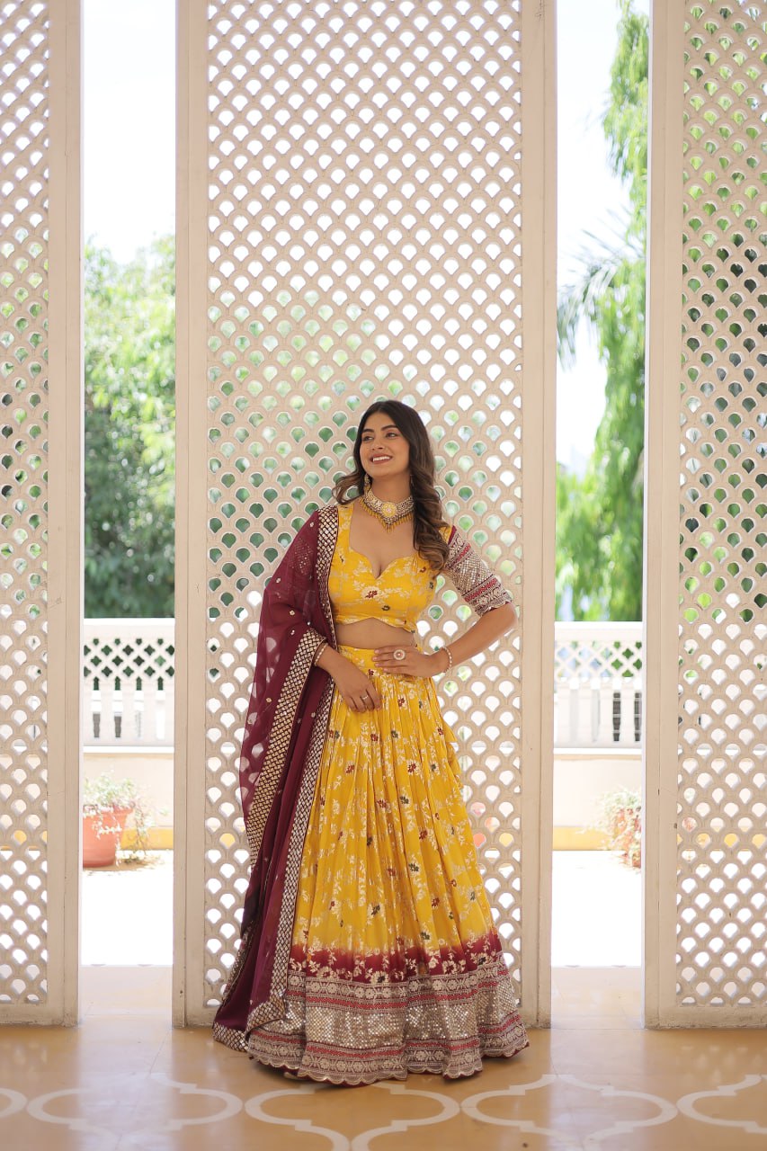 Lorenvalley Yellow Pure Viscose Jacquard with 2D Dyeing and Embroidered Sequins work Lehenga Choli