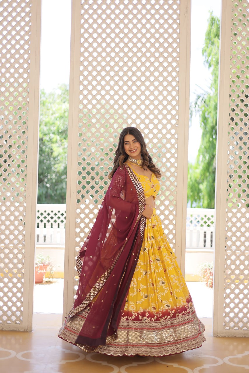 Lorenvalley Yellow Pure Viscose Jacquard with 2D Dyeing and Embroidered Sequins work Lehenga Choli