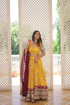 Lorenvalley Yellow Pure Viscose Jacquard with 2D Dyeing and Embroidered Sequins work Lehenga Choli