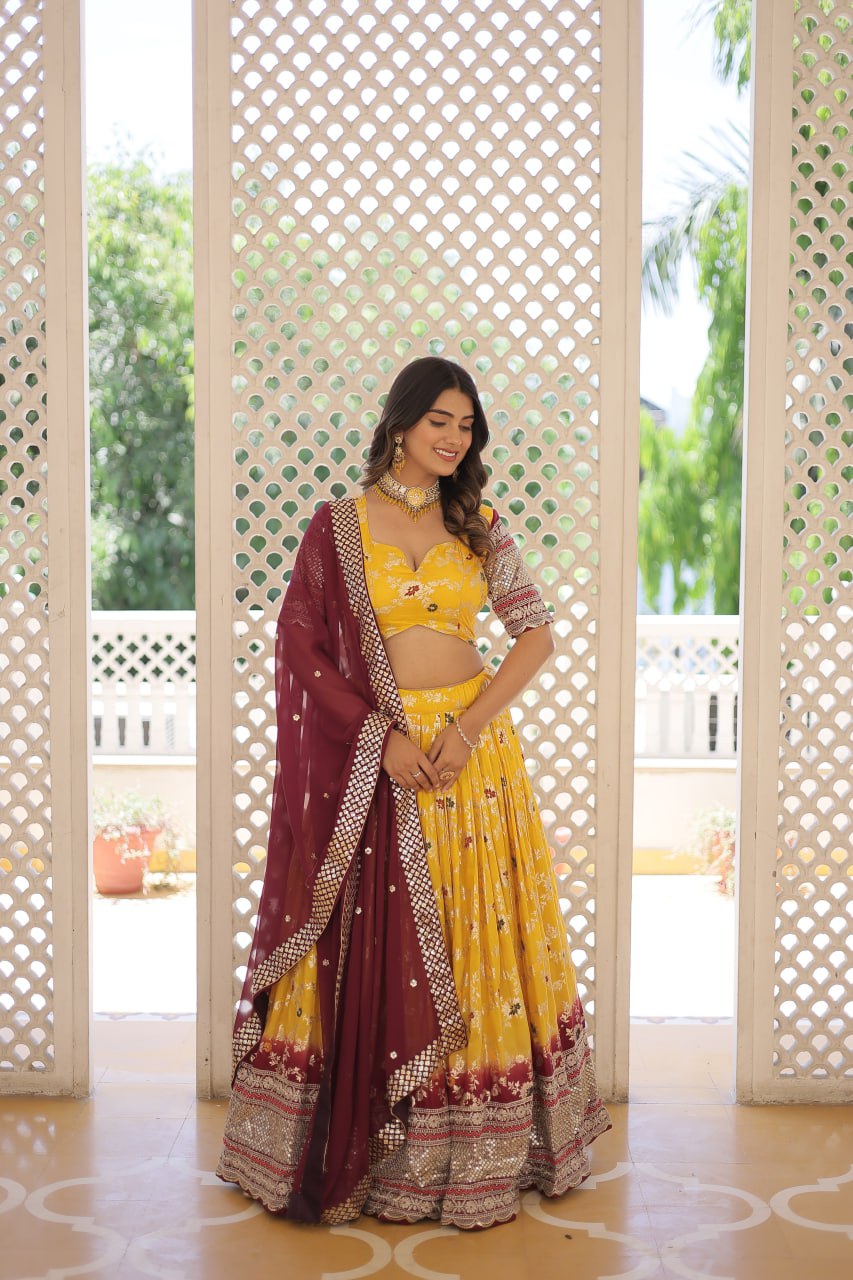 Lorenvalley Yellow Pure Viscose Jacquard with 2D Dyeing and Embroidered Sequins work Lehenga Choli