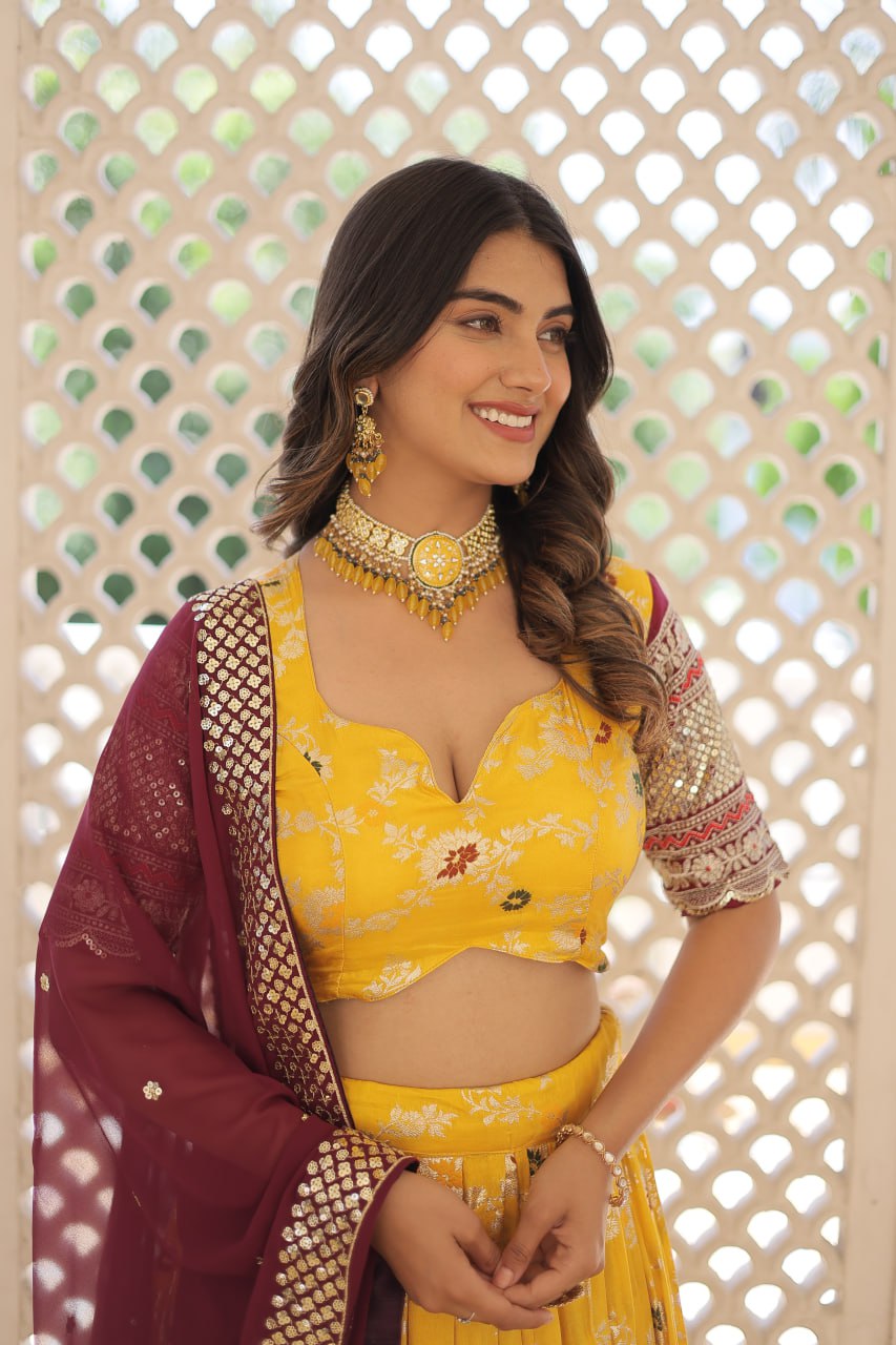 Lorenvalley Yellow Pure Viscose Jacquard with 2D Dyeing and Embroidered Sequins work Lehenga Choli