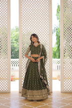 Lorenvalley Green Pure Viscose Jacquard with Double Zari work Lehenga Choli