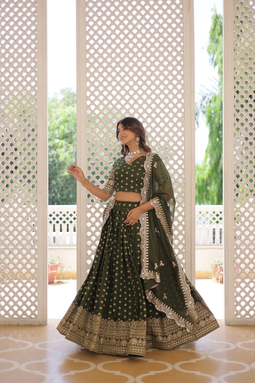 Lorenvalley Green Pure Viscose Jacquard with Double Zari work Lehenga Choli