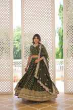 Lorenvalley Green Pure Viscose Jacquard with Double Zari work Lehenga Choli