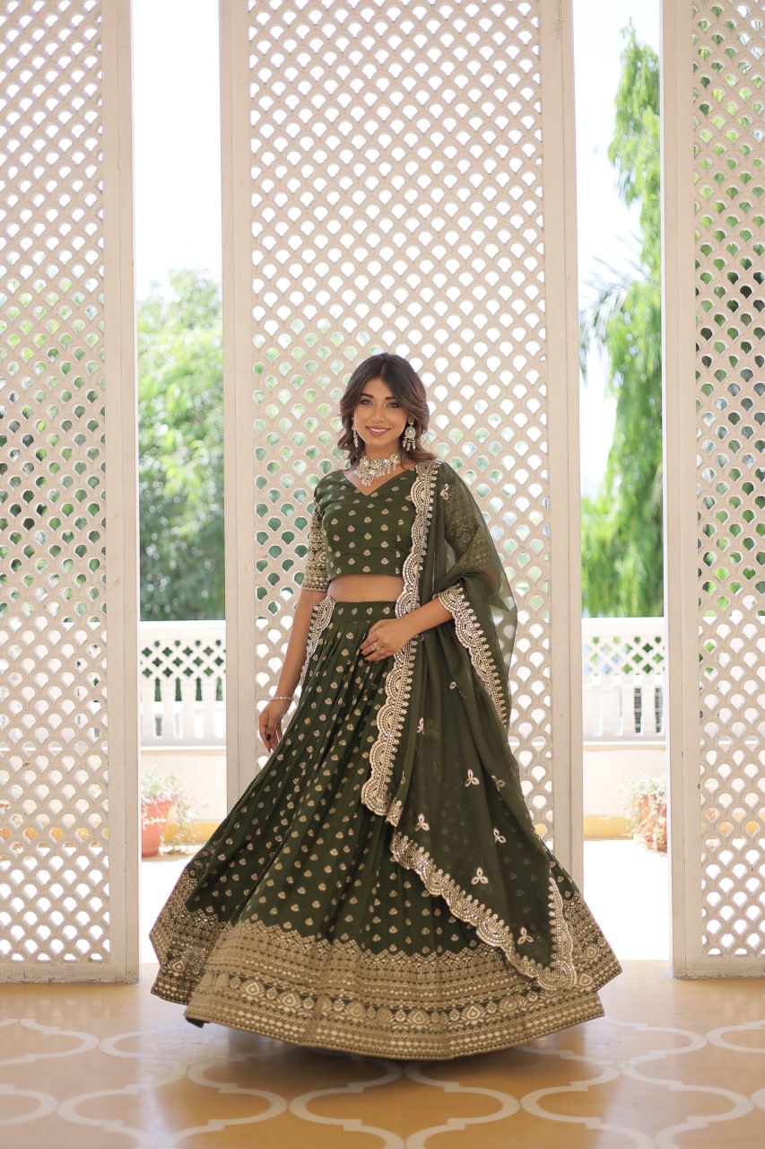 Lorenvalley Green Pure Viscose Jacquard with Double Zari work Lehenga Choli