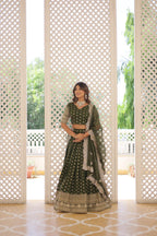 Lorenvalley Green Pure Viscose Jacquard with Double Zari work Lehenga Choli