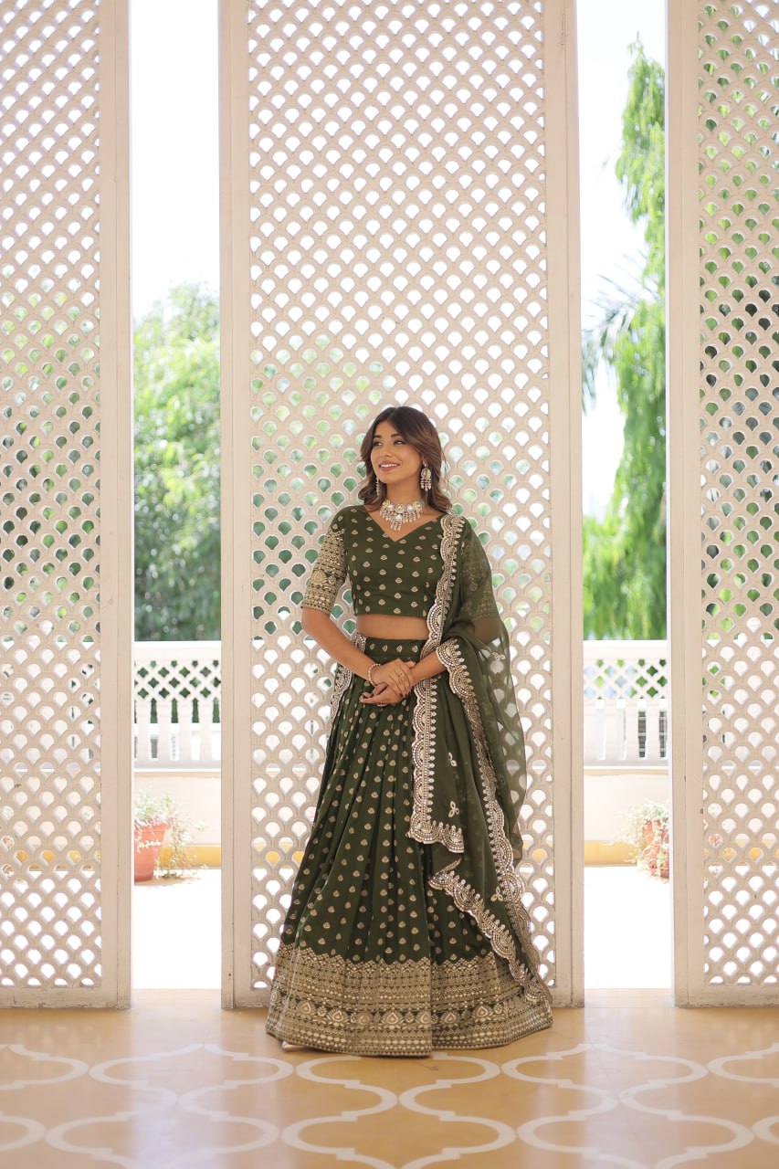 Lorenvalley Green Pure Viscose Jacquard with Double Zari work Lehenga Choli