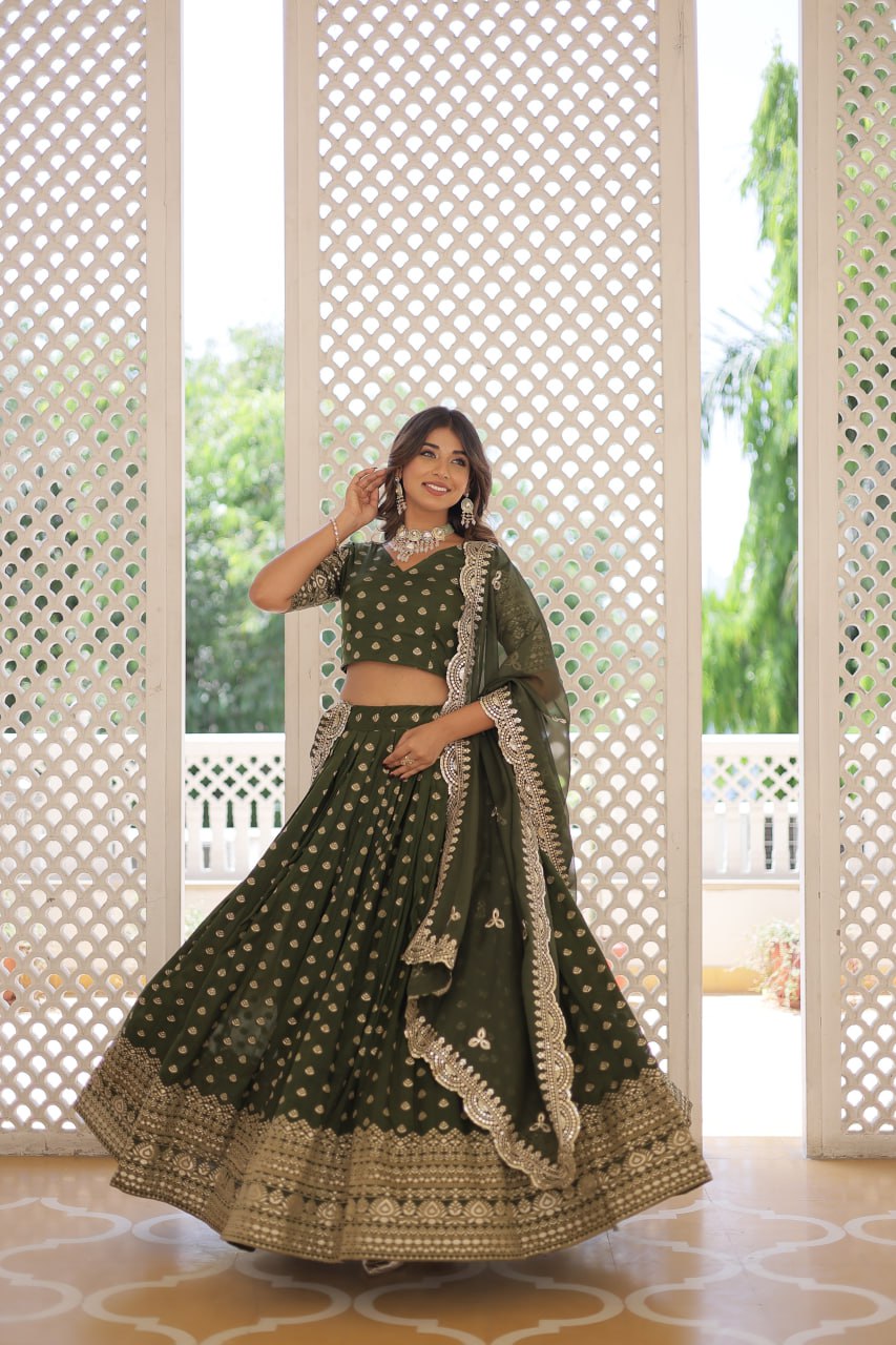 Lorenvalley Green Pure Viscose Jacquard with Double Zari work Lehenga Choli