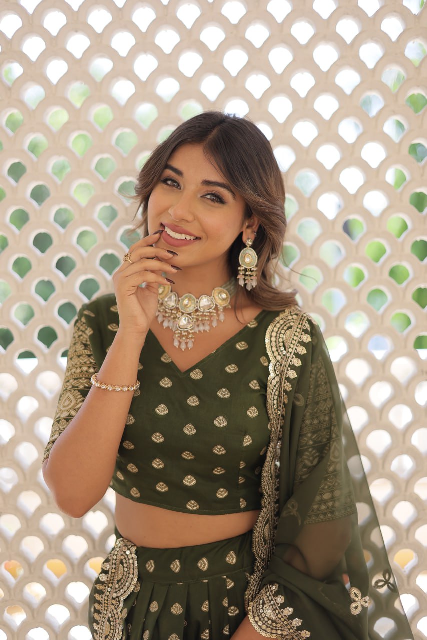 Lorenvalley Green Pure Viscose Jacquard with Double Zari work Lehenga Choli