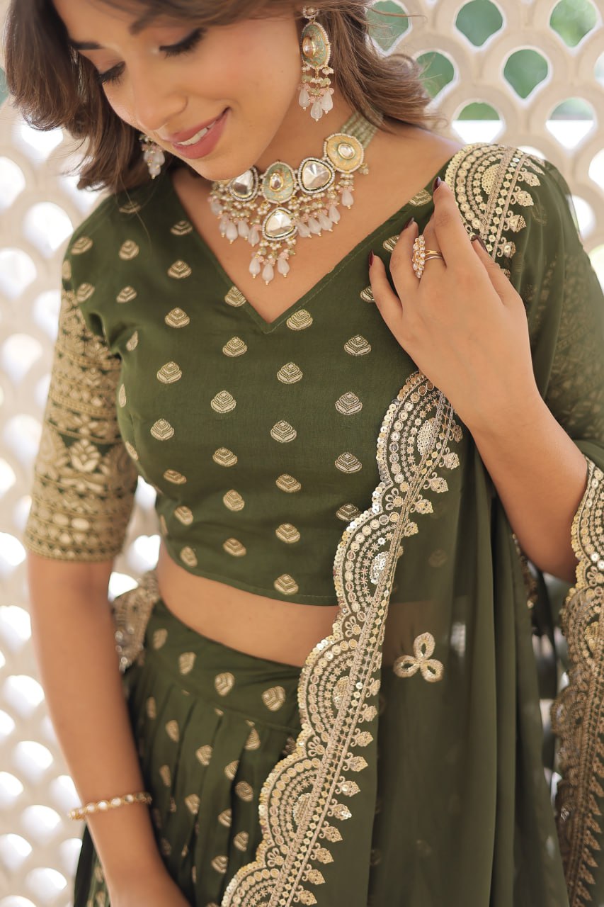 Lorenvalley Green Pure Viscose Jacquard with Double Zari work Lehenga Choli