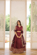 Lorenvalley Maroon Pure Viscose Jacquard with Double Zari work Lehenga Choli
