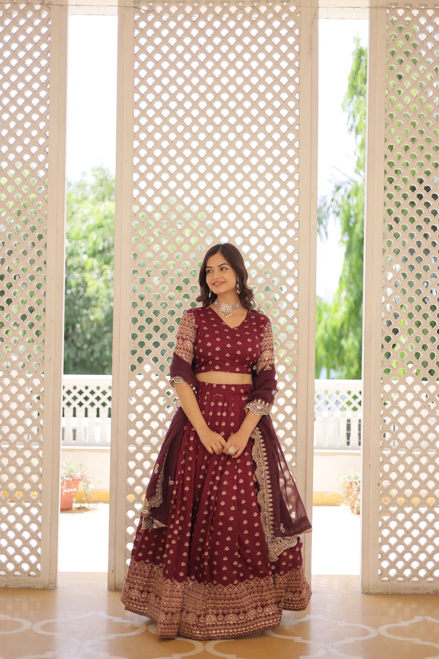Lorenvalley Maroon Pure Viscose Jacquard with Double Zari work Lehenga Choli