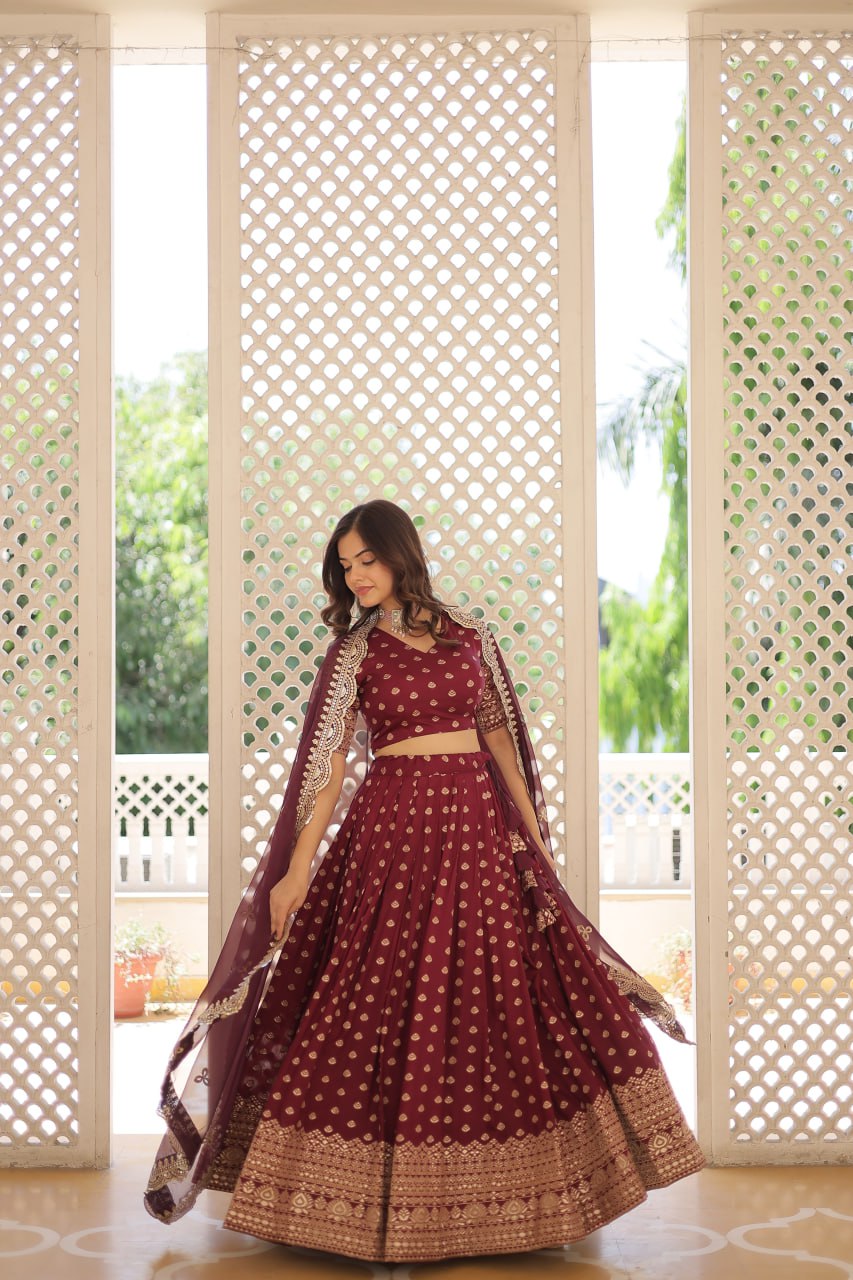 Lorenvalley Maroon Pure Viscose Jacquard with Double Zari work Lehenga Choli