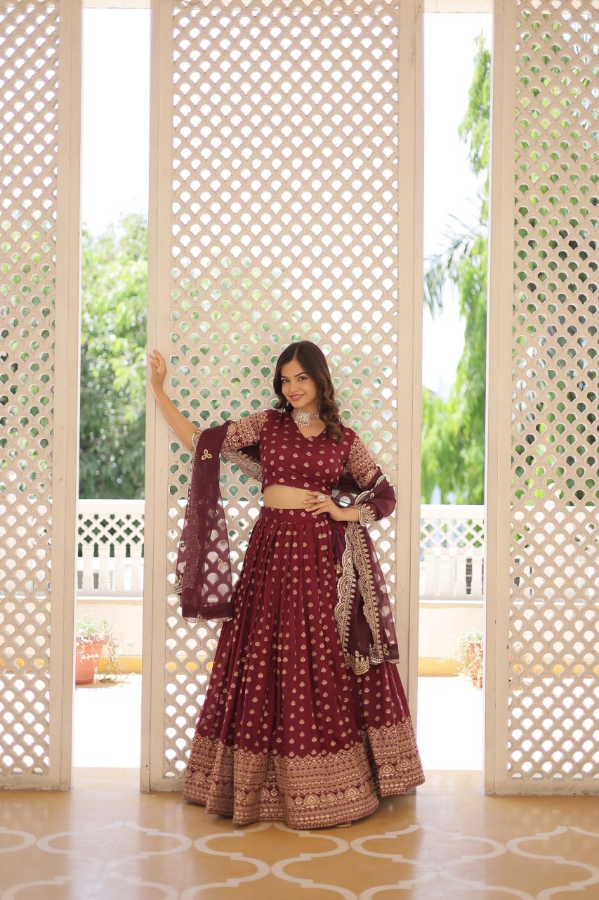 Lorenvalley Maroon Pure Viscose Jacquard with Double Zari work Lehenga Choli