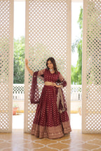 Lorenvalley Maroon Pure Viscose Jacquard with Double Zari work Lehenga Choli