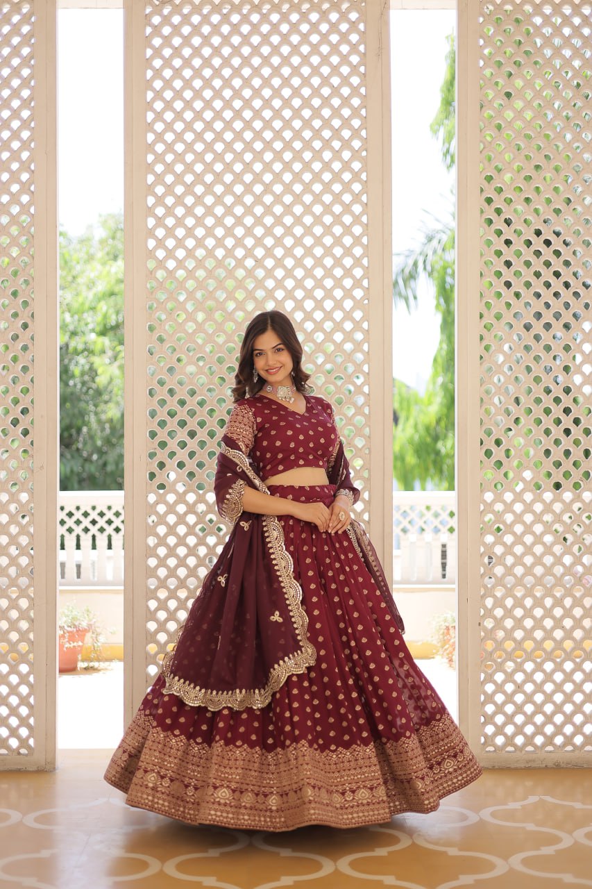 Lorenvalley Maroon Pure Viscose Jacquard with Double Zari work Lehenga Choli
