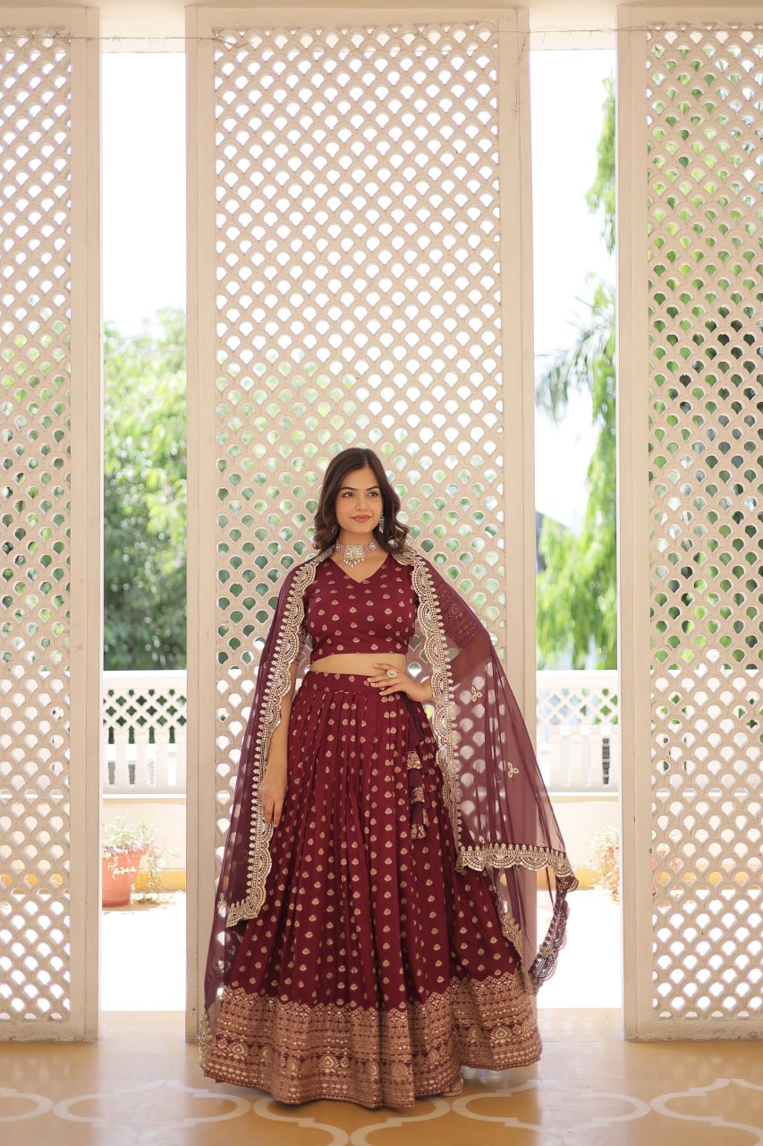 Lorenvalley Maroon Pure Viscose Jacquard with Double Zari work Lehenga Choli