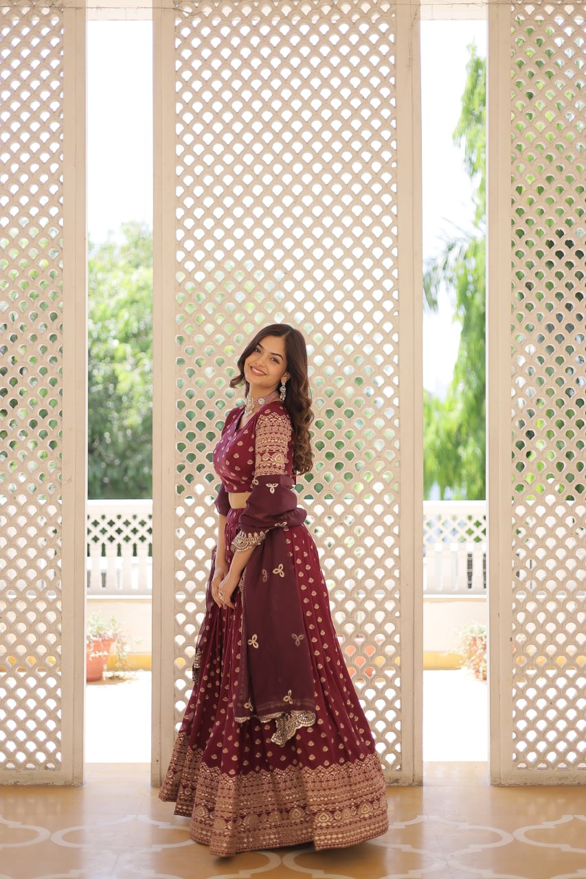 Lorenvalley Maroon Pure Viscose Jacquard with Double Zari work Lehenga Choli