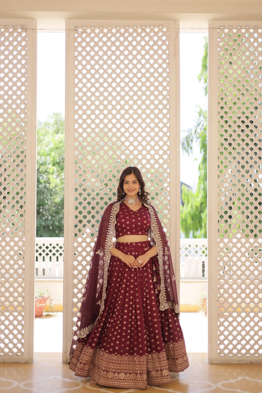 Lorenvalley Maroon Pure Viscose Jacquard with Double Zari work Lehenga Choli