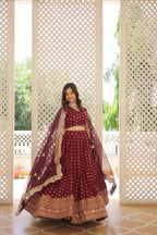 Lorenvalley Maroon Pure Viscose Jacquard with Double Zari work Lehenga Choli