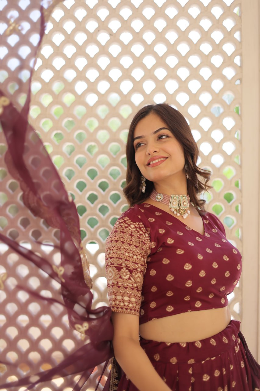 Lorenvalley Maroon Pure Viscose Jacquard with Double Zari work Lehenga Choli