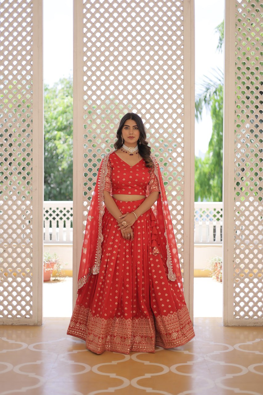 Lorenvalley Red Pure Viscose Jacquard with Double Zari work Lehenga Choli